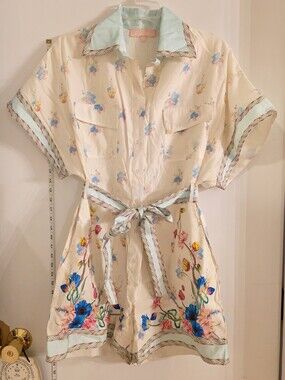 Odette Boutique Cream Floral Button-Up Romper with Mint Trim
